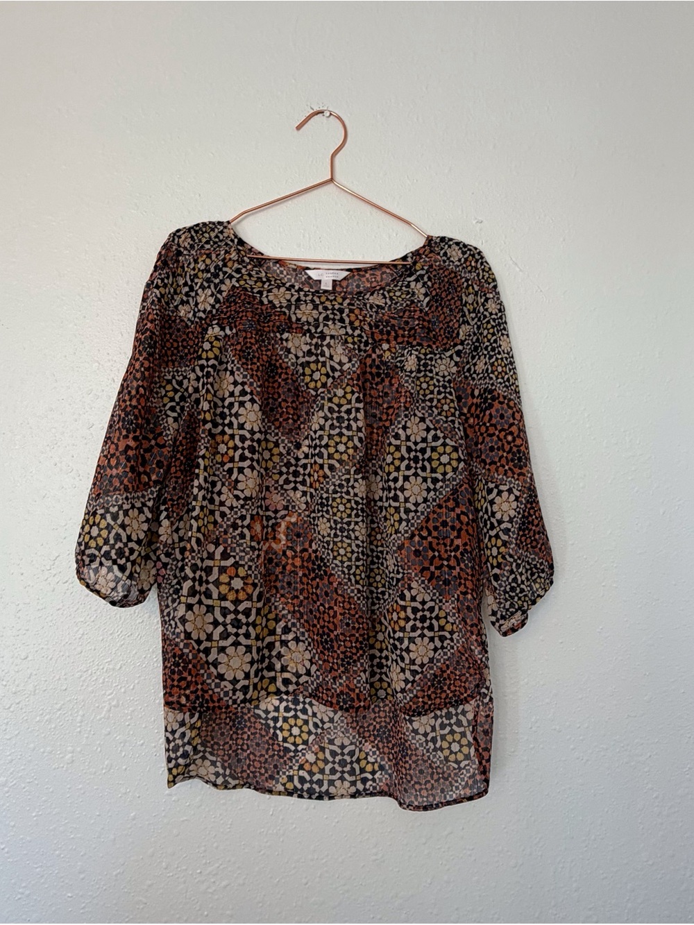 LC Lauren Conrad Brown Multi Geometric & Floral semi sheer blouse